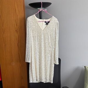 DKNY Silver Sequin Long Sleeve V-Neck Dress